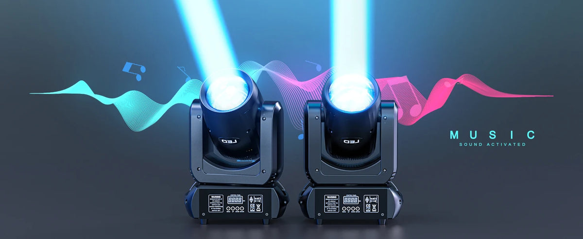 Two professional DMX moving head lights emit bright blue beams against a dark background.