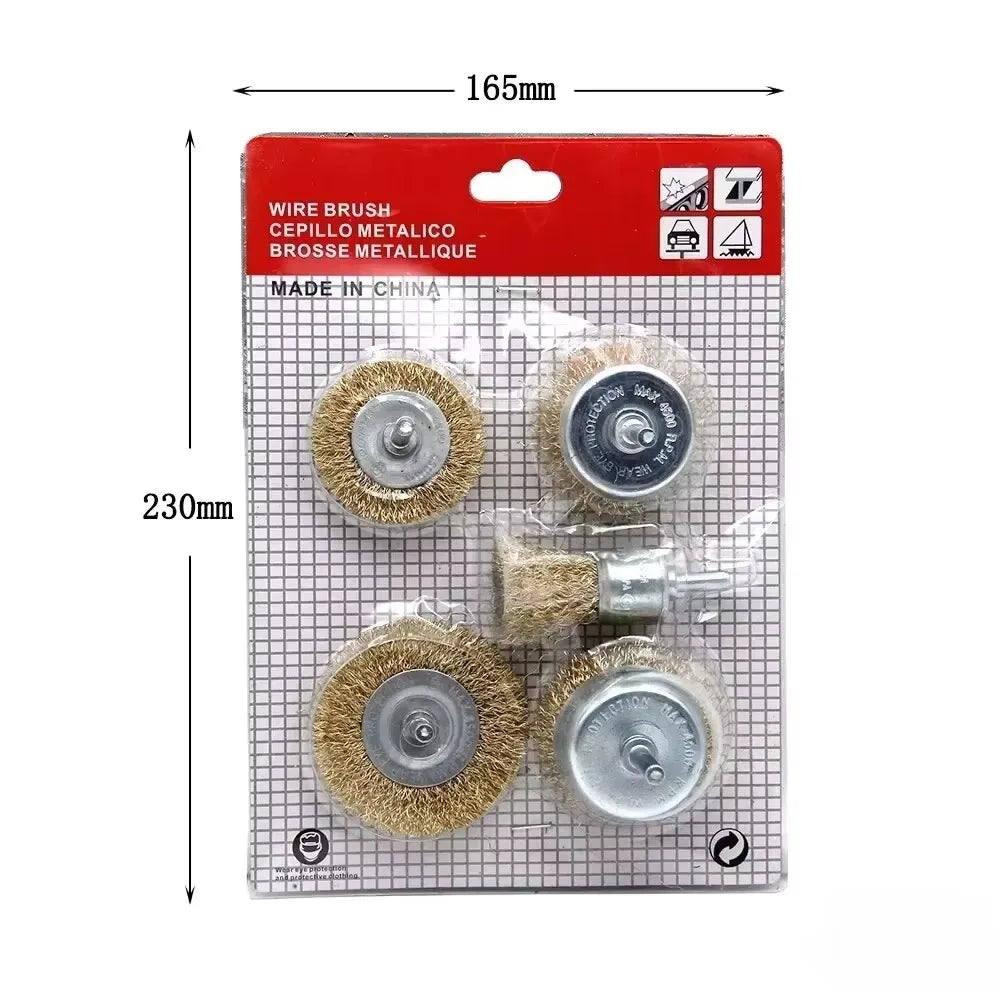 A set of metal wire brushes for rust removal and polishing, packaged in a red plastic container.