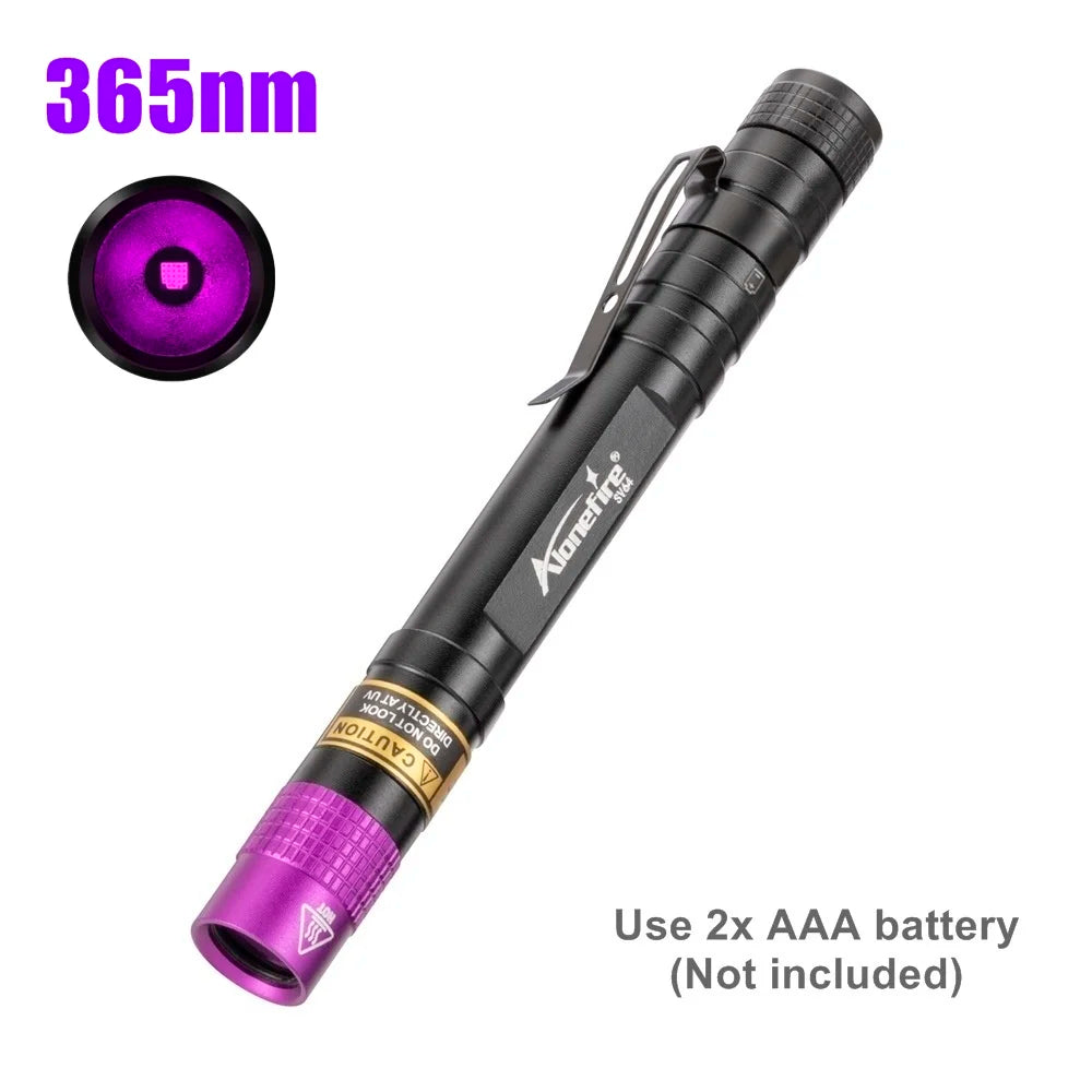 A black multi-spectrum UV flashlight with a purple light beam and an AAA battery holder.
