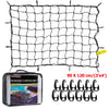 Black heavy-duty cargo bungee net with elastic cords and yellow tag