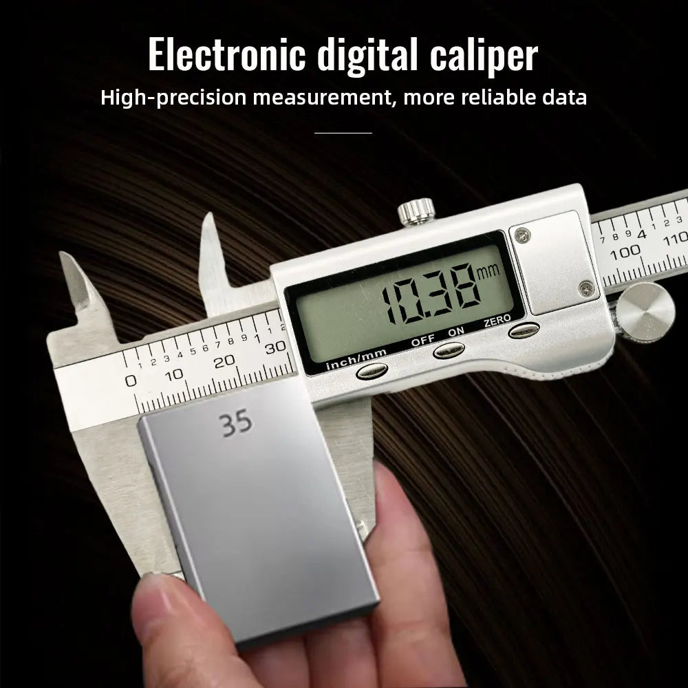 A hand holds an electronic digital caliper measuring a metal bar, displaying 10.38 mm.