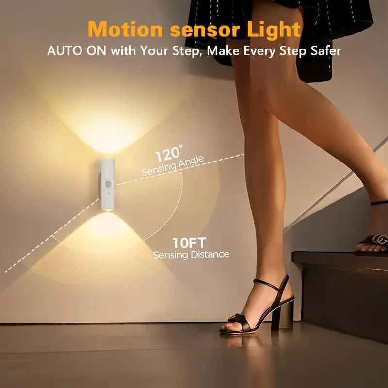 A motion sensor light illuminates a room, demonstrating 120 degree sensing angle and 10ft sensing distance.