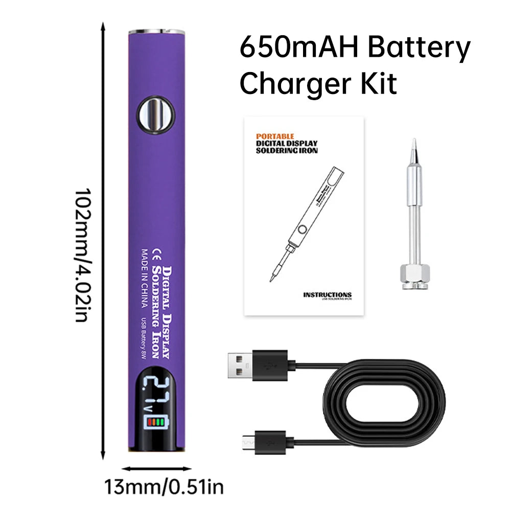 Kit de charge de batterie violette 650mAh avec fer à souder numérique et câble d'alimentation.