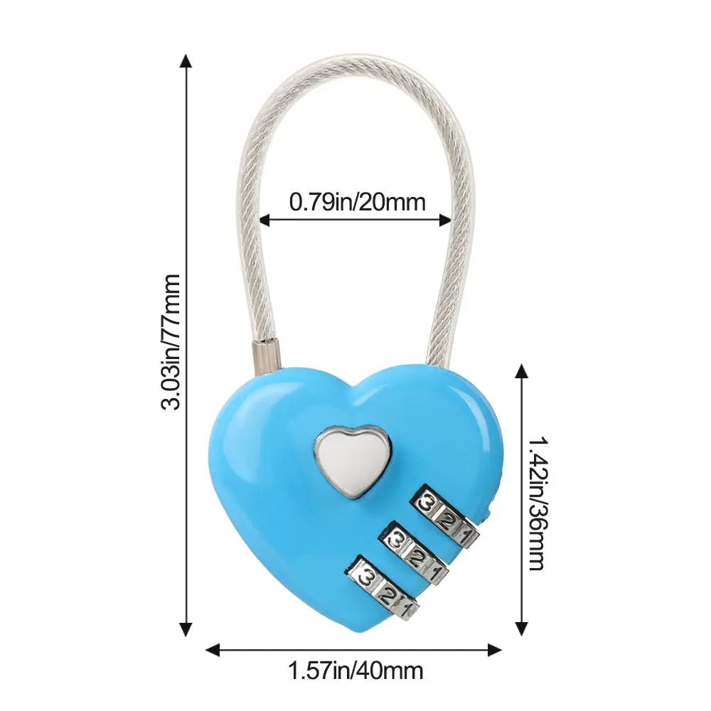 A light blue heart-shaped 3-digit combination lock with a white cord and metal dials.
