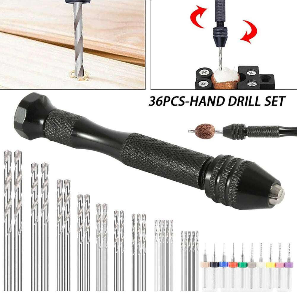 A set of 36 hand drill bits and various precision drill bits shown next to a drill bit and a small piece of wood.