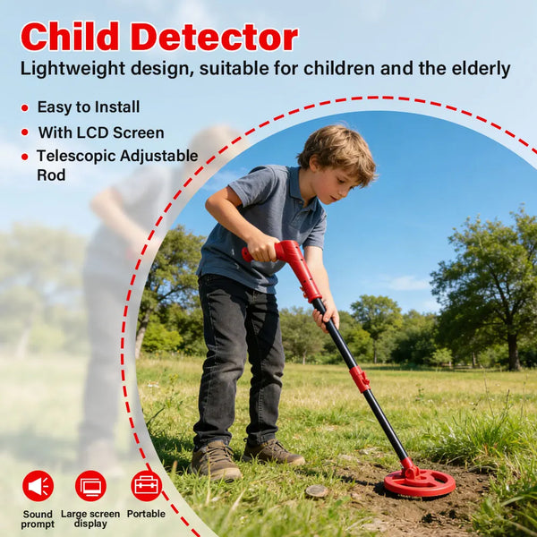 Ein Junge benutzt einen roten und schwarzen Teleskop-Kinderdetektor in einer grasbewachsenen Außenumgebung.