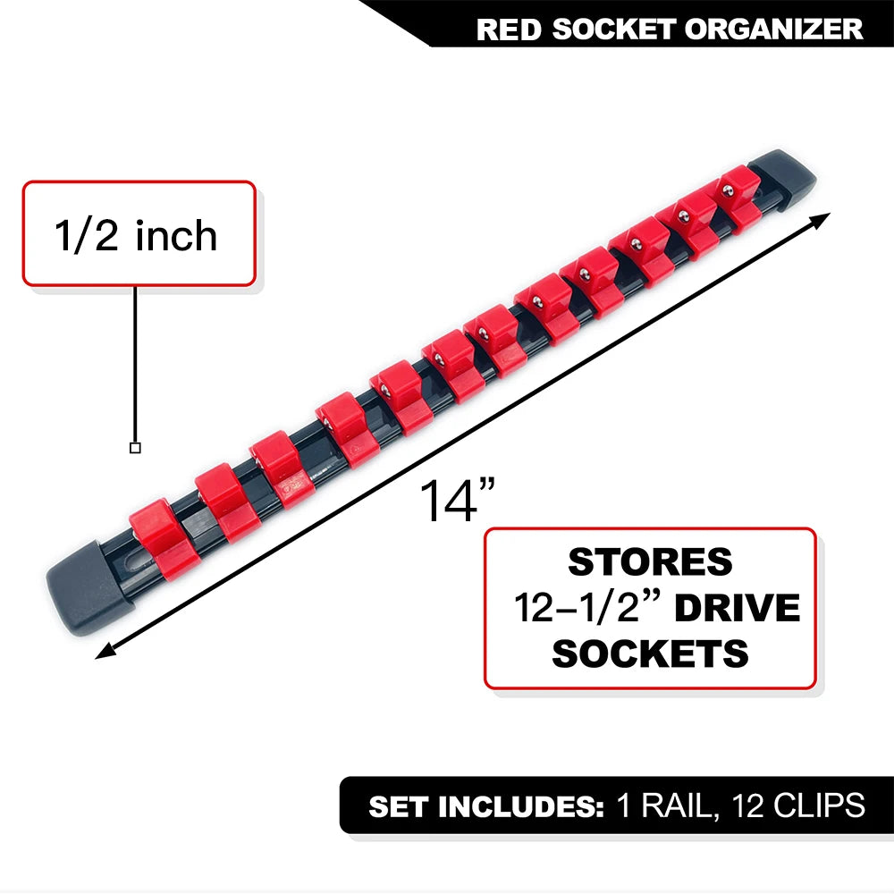 A red socket organizer rail with 12 clips is shown, measuring 14 inches and designed for 1/2 inch drive sockets.