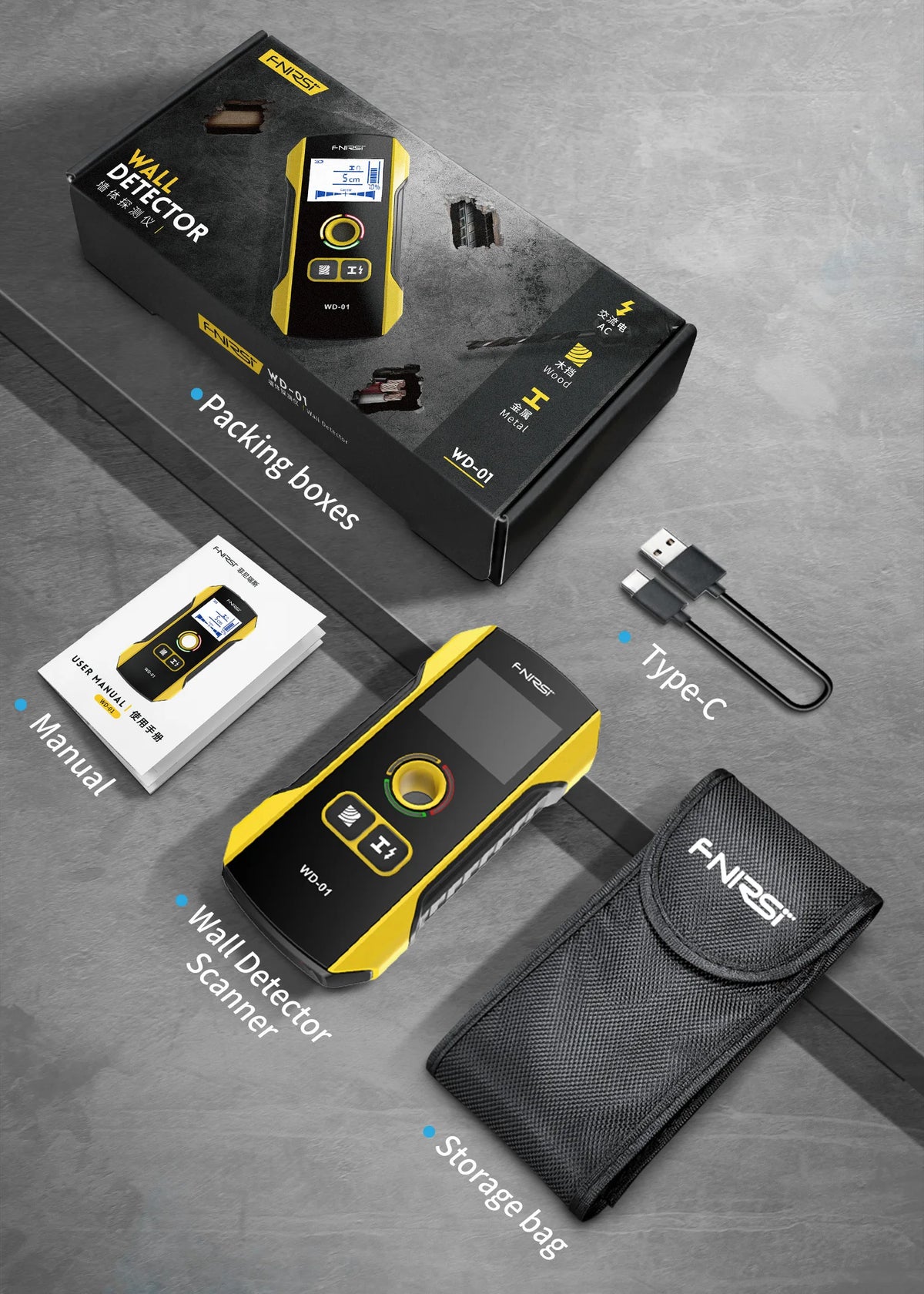 A set of FNRSI wall detector scanners, including a main unit, a manual, and a storage bag, displayed on a gray surface.
