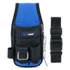 Schwarze und blaue Werkzeugtasche mit verstellbarem Riemen und separatem schwarzem Handgelenkriemen.