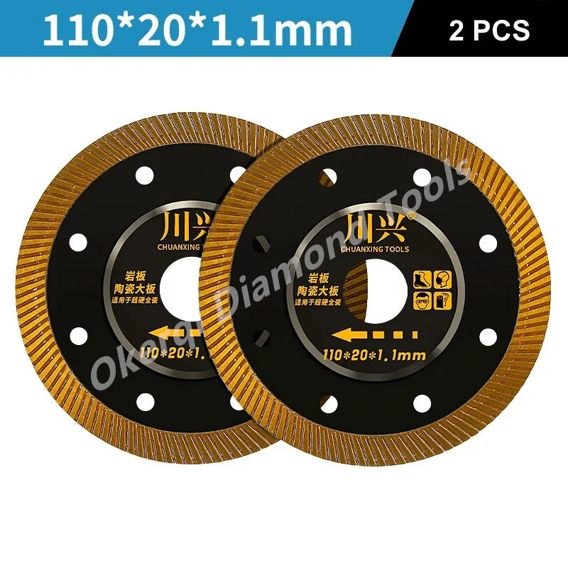 Two black diamond saw blade discs with gold edges and center holes, labeled for chucking tools.