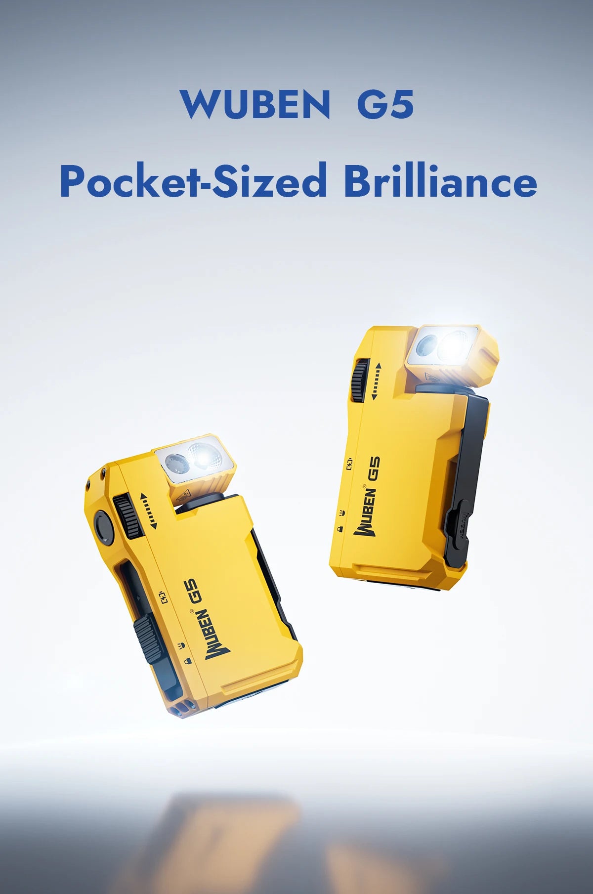A yellow Wuben G5 pocket-sized flashlight is shown against a light gray background.