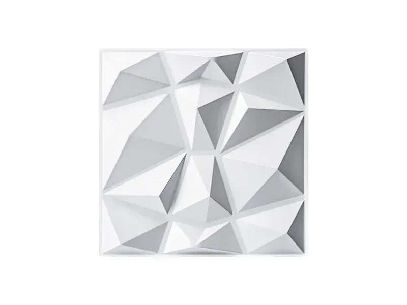 A set of ten white 3D diamond PVC wall panels arranged in a geometric, faceted pattern.