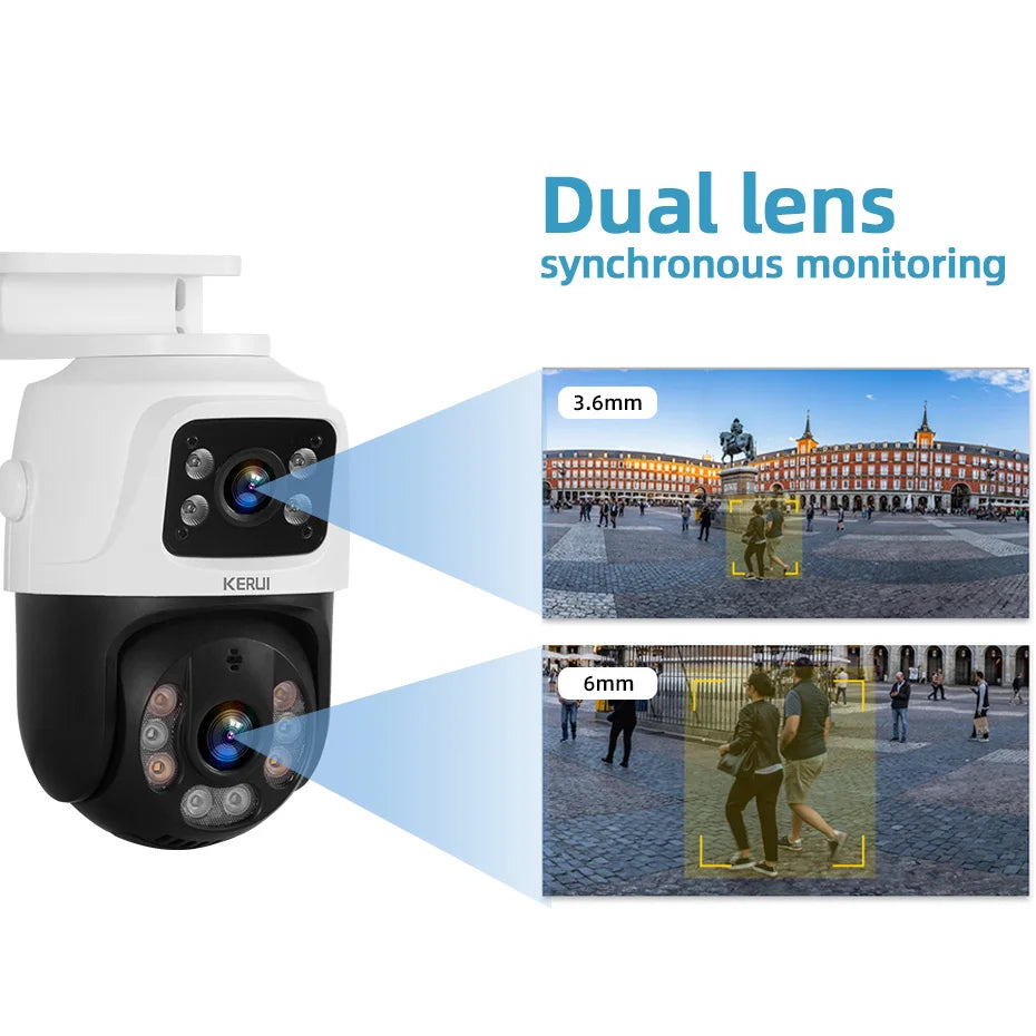 Weiße Überwachungskamera mit doppelten Linsen, die 3,6mm und 6mm Überwachungsfunktionen demonstriert.
