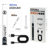Fer à souder portable blanc 650mAh avec pointe, câble et instructions sur une boîte.