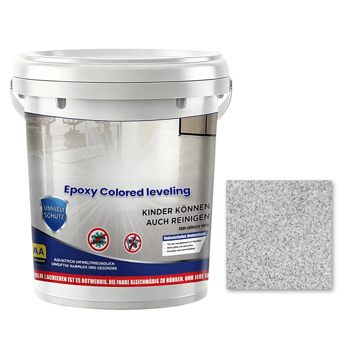 A white plastic container of Epoxy Colored leveling paint with German text and a gray sample slab.