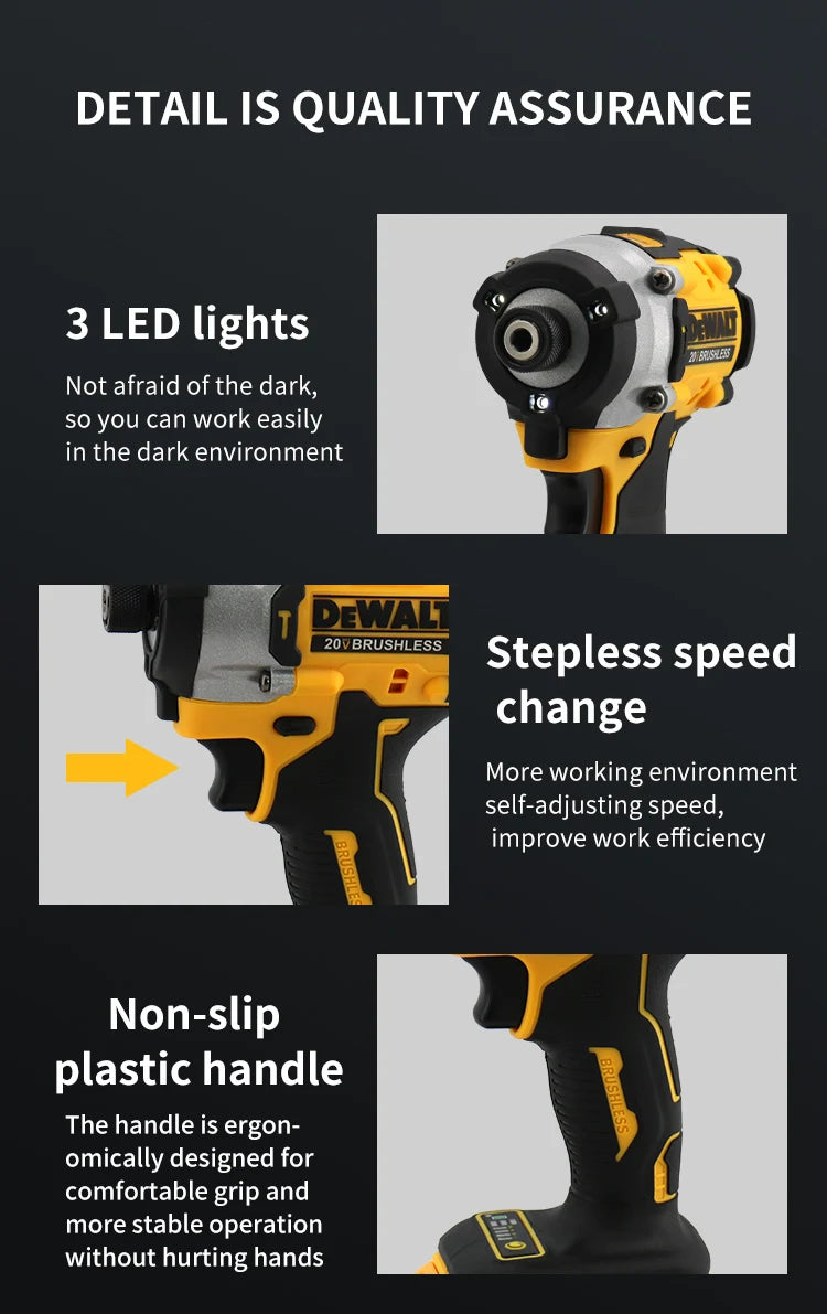 Close-up of a yellow and black cordless brushless electric screwdriver showing its LED lights and non-slip plastic handle.