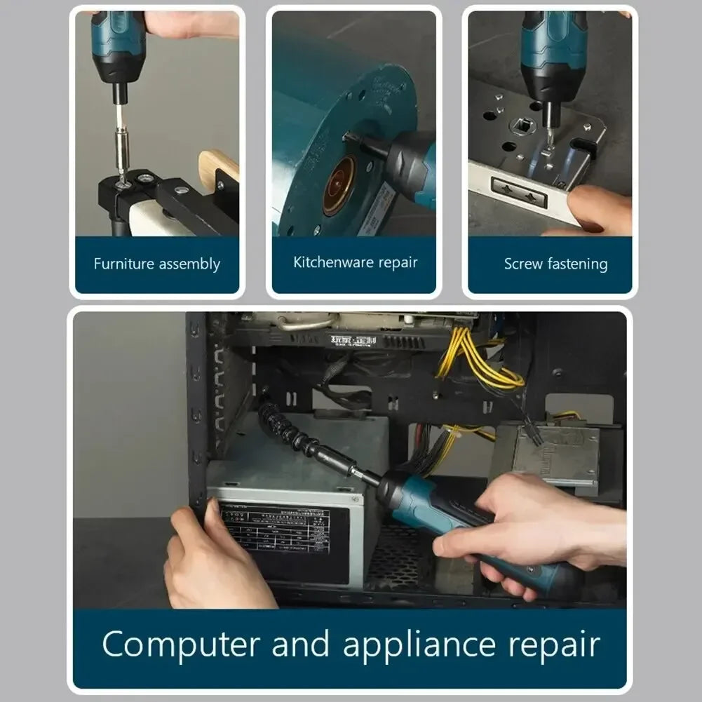 A mini cordless electric screwdriver set is shown performing various tasks including furniture assembly, kitchenware repair, 