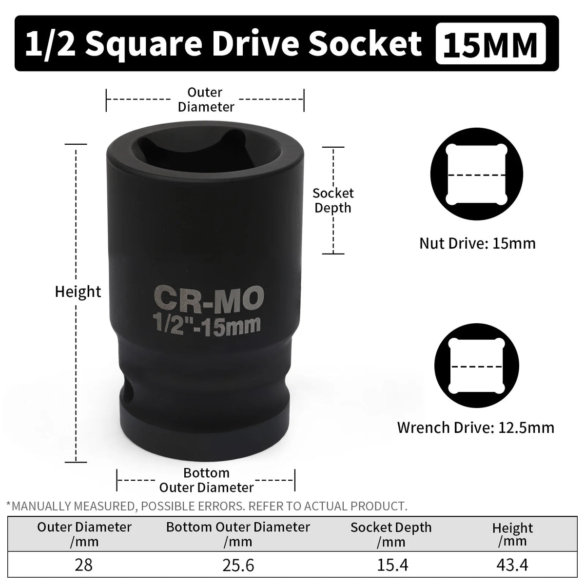 A black 1/2 square drive socket with a 15mm drive size and various dimensions shown.