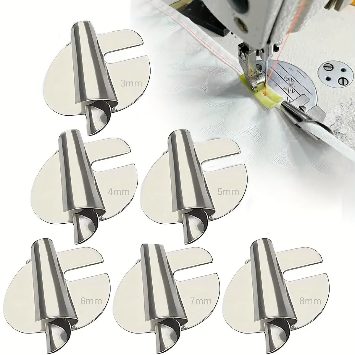 A set of universal sewing rolled hemmer foot attachments in various sizes from 3mm to 8mm.