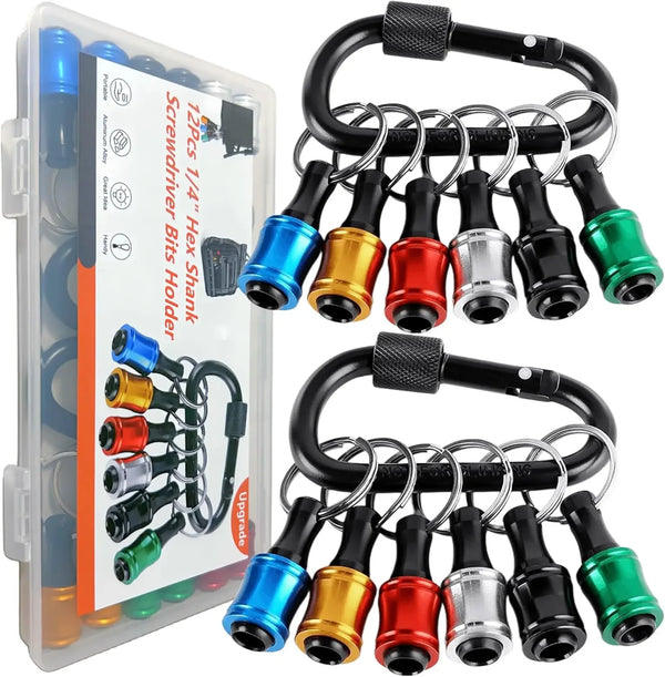 A set of 12 hexagonal socket bits and a 1/4 inch extension bar packaged in a plastic case with keychain attachments.