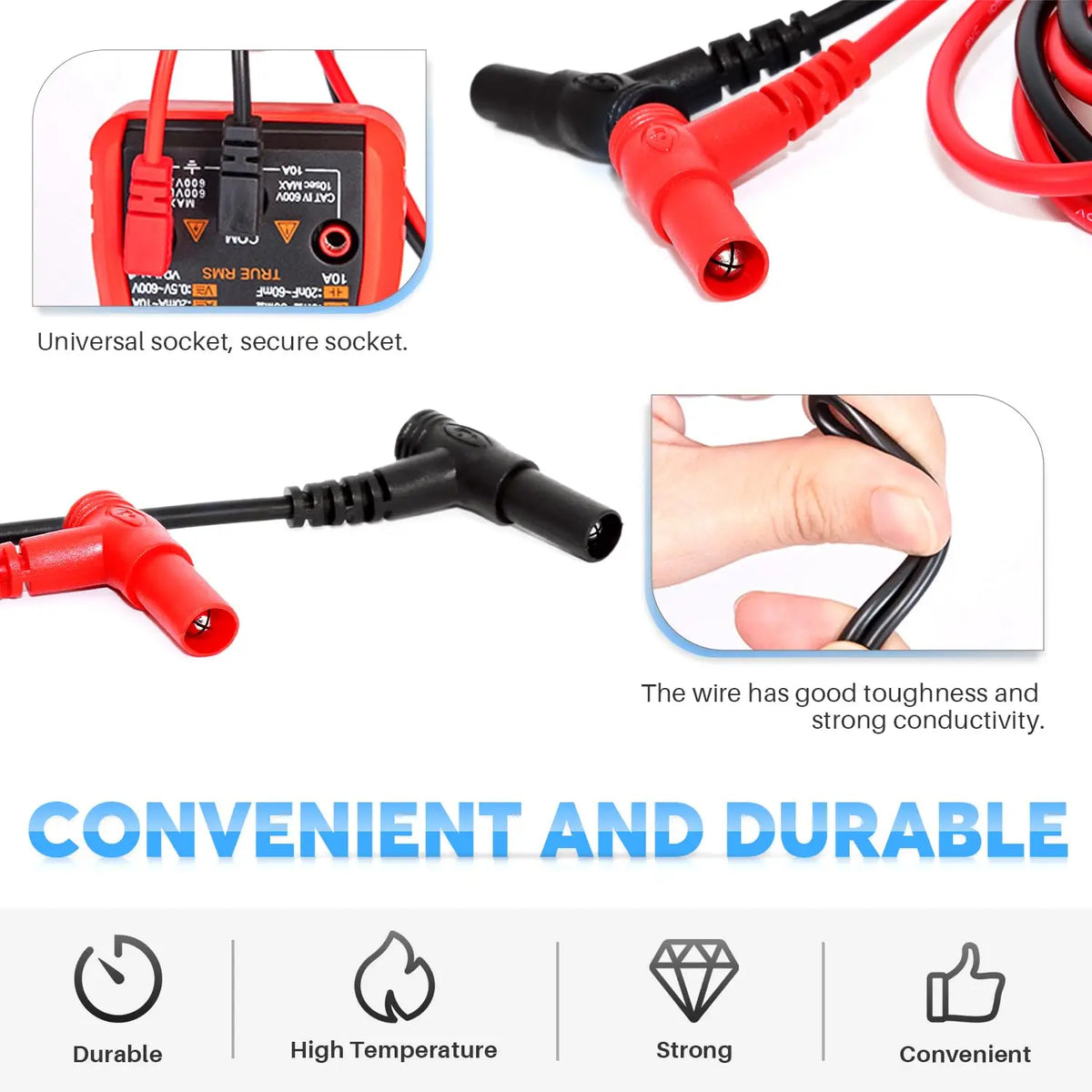 Red and black universal multimeter test leads with secure sockets and durable wiring.