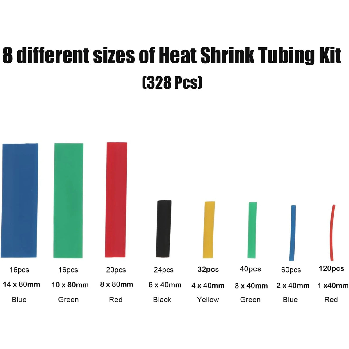 Eight different sized heat shrink tubing kits in blue, green, red, black, yellow, and various shades of green and blue.