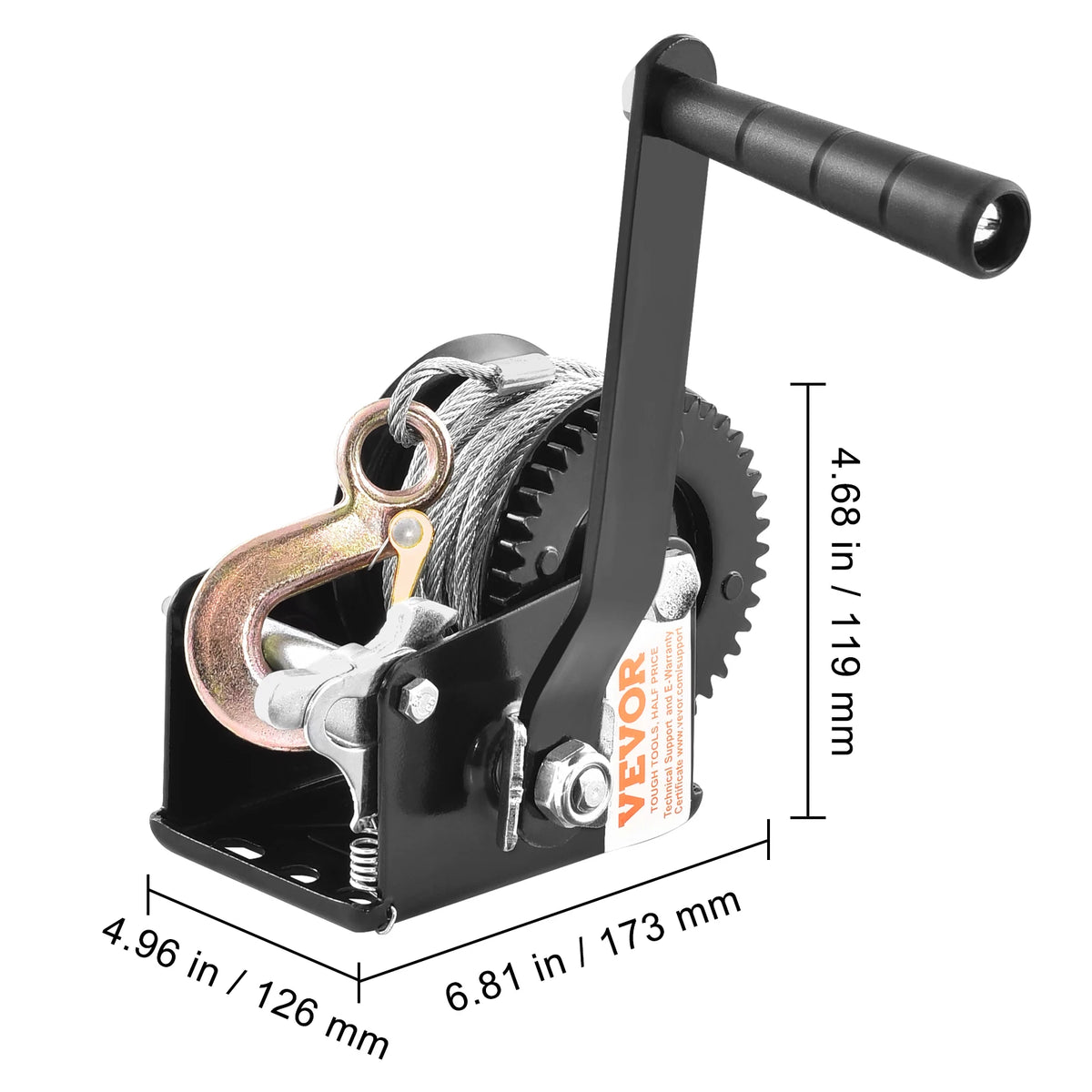 Black heavy duty hand winch with steel cable and two-way ratchet mechanism