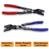 A set of black and red pliers used for universal trim clip removal, featuring rubber-wrapped handles.