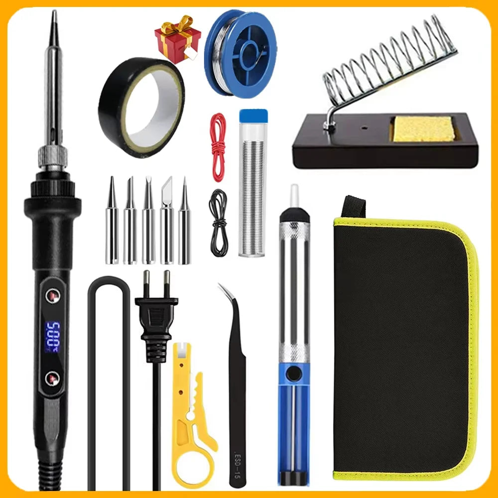 Kit d'outils de soudure électrique de précision comprenant pointes, fil et corps de fer à souder.