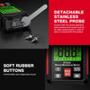 A digital wood moisture meter showing a display, detachable stainless steel probes, and soft rubber buttons.