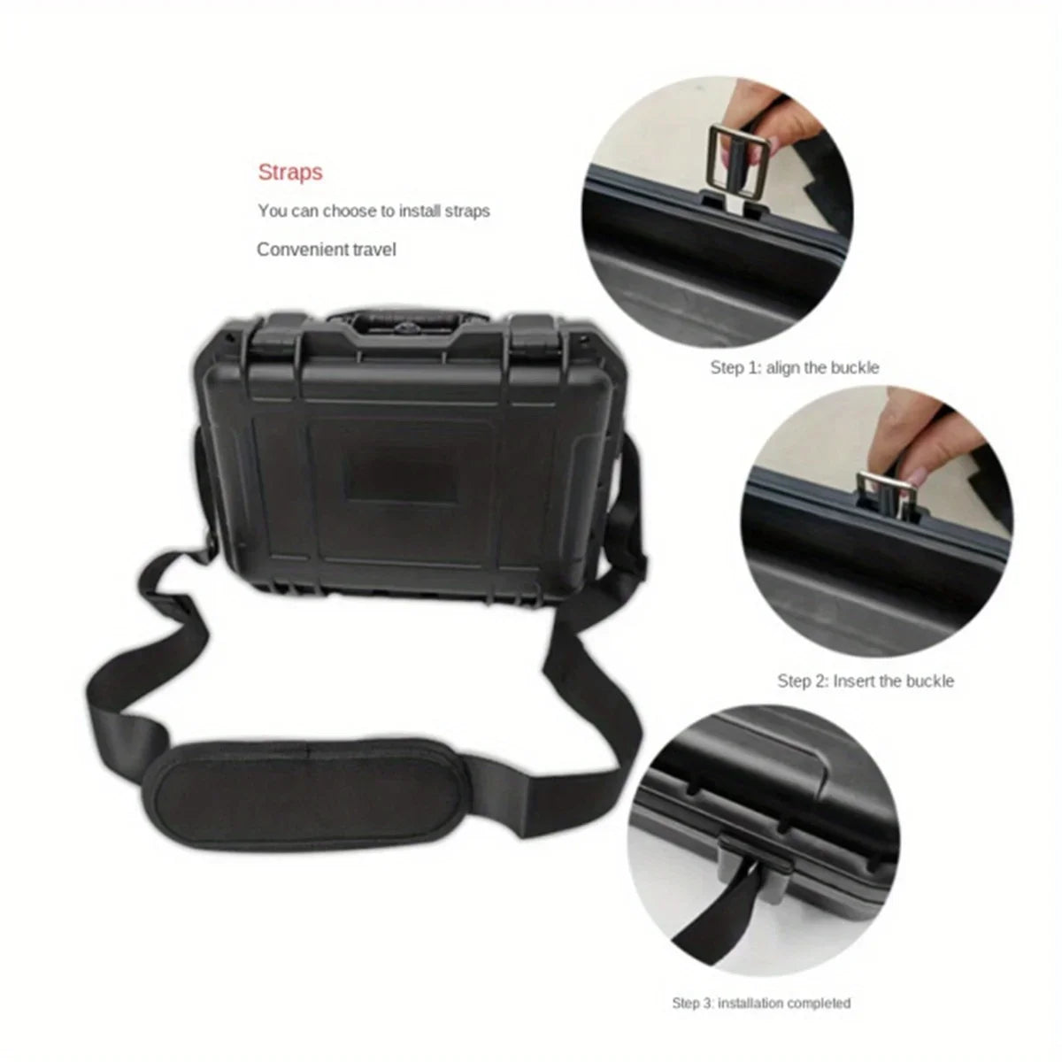 A black waterproof hard carry case with straps shown for tool and sponge storage installation.