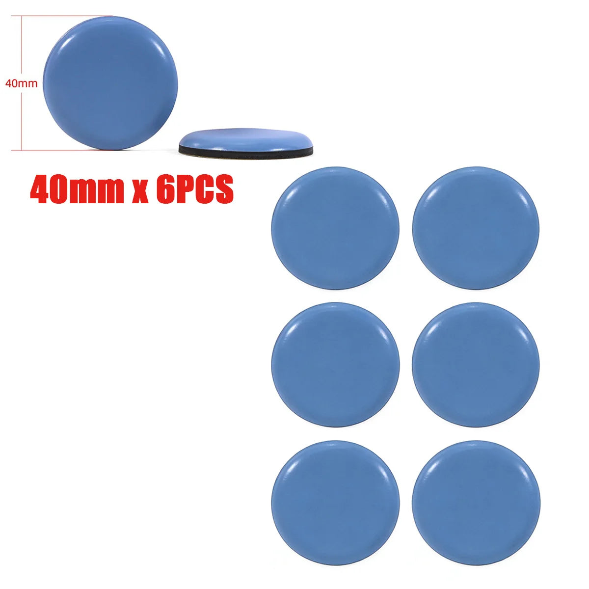 Six round blue self-adhesive furniture sliders for floor protection, 40mm in diameter.