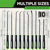 A set of ten precision hook and pick tools in black and lime green colors displayed vertically.