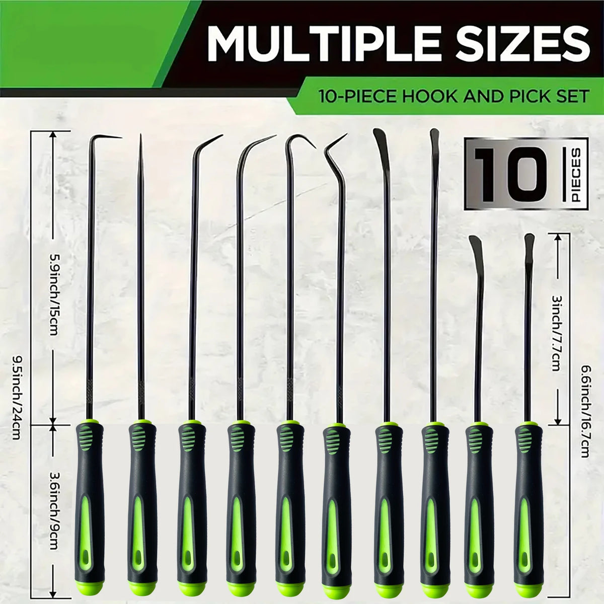 A set of ten precision hook and pick tools in black and lime green colors displayed vertically.
