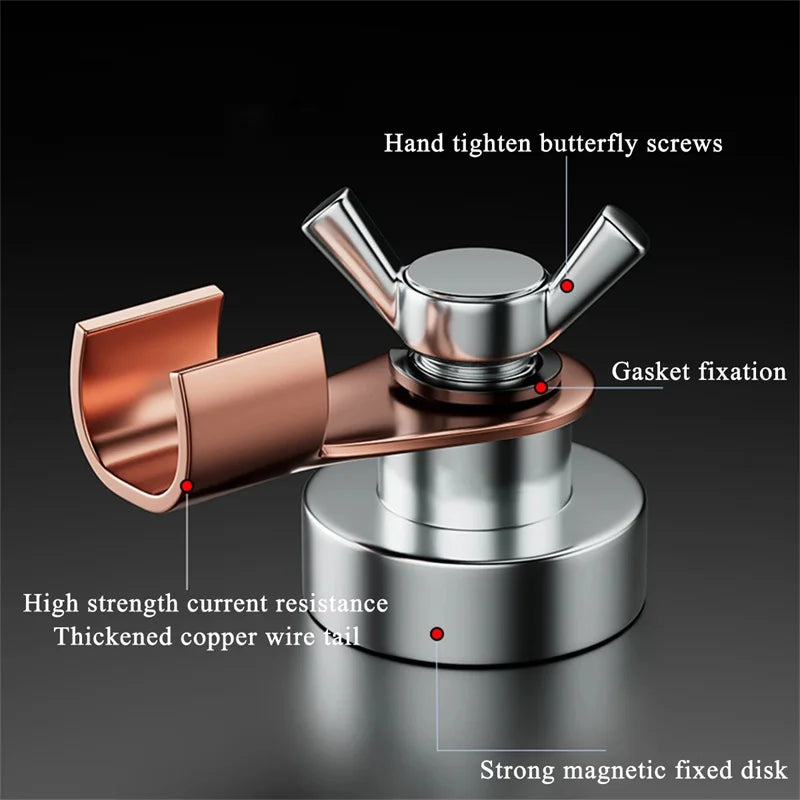 A heavy duty magnetic welder grounding tool showing a copper wire tail and a gasket fixation mechanism.