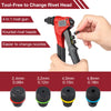 A red manual rivet gun tool kit showing four different sized and shaped rivet heads.