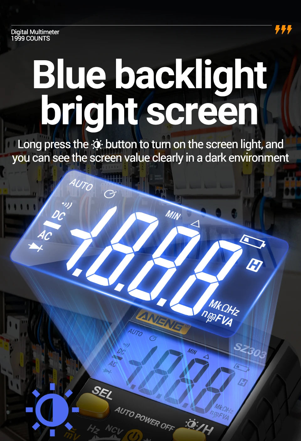 Multímetro digital azul con luz de fondo brillante mostrando 18.88 en un contexto de prueba eléctrica profesional.