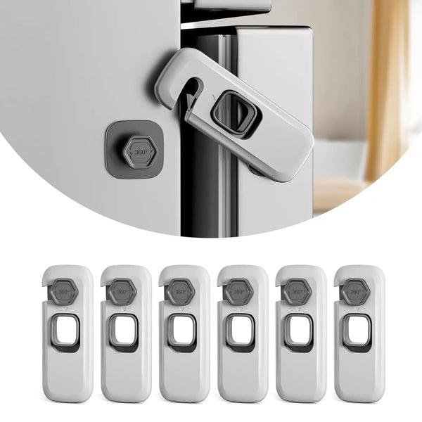 A set of white child proof locks for refrigerators and cabinets shown in various views.