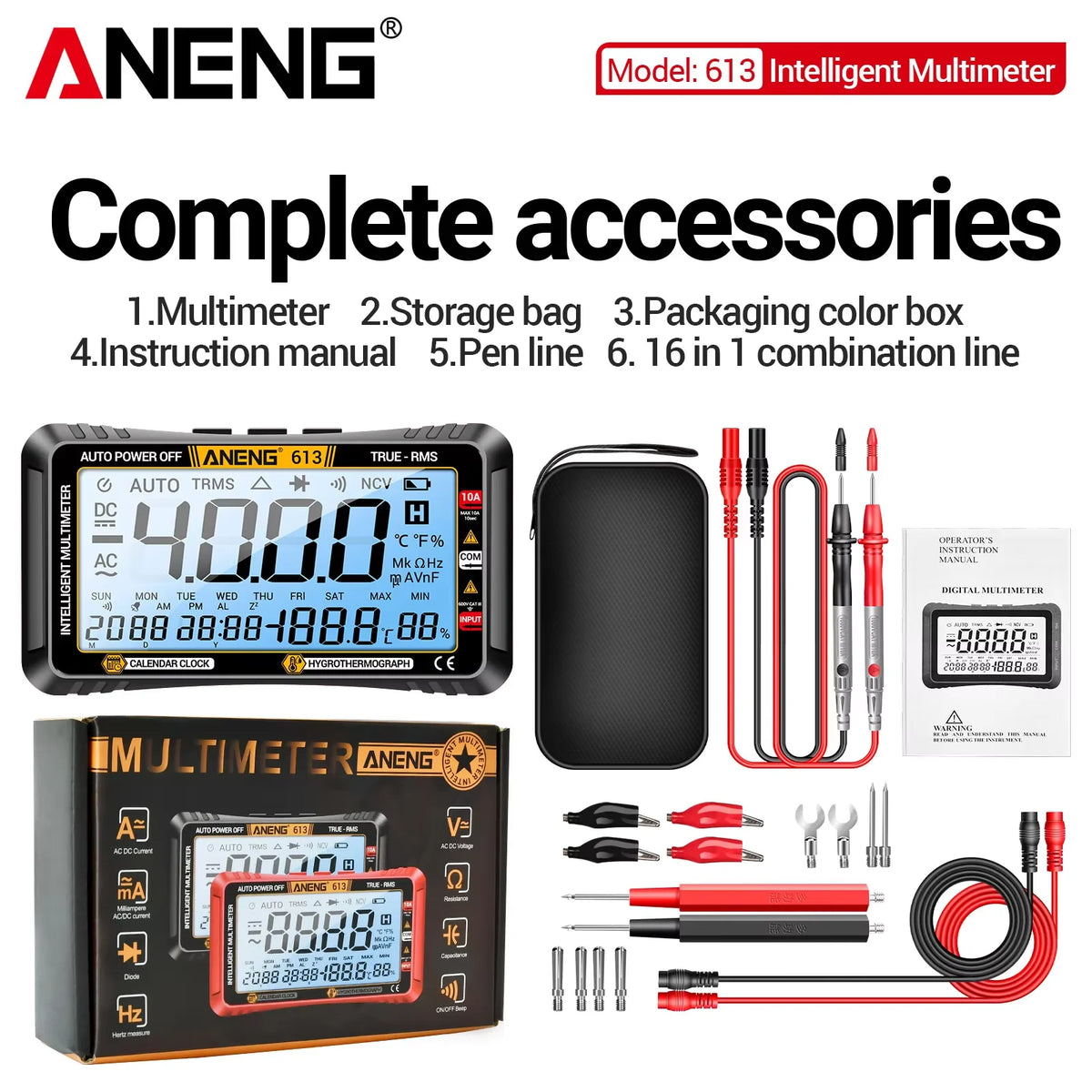 Complete accessories for the ANENG 613 Intelligent Multimeter including storage bag, packaging box, manual, pen line, and com