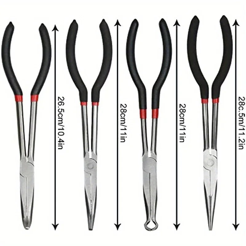 Set of precision needle nose pliers with various lengths and angles for detailed work