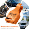An orange multi functional fuse tester tool shown with surrounding images of a car, motorcycle, boat, and truck.