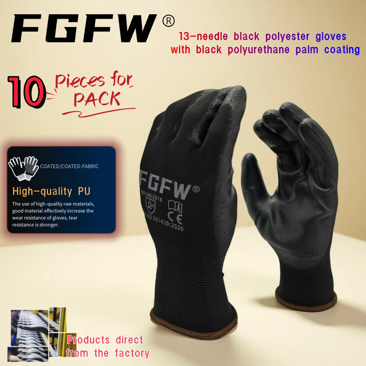 A pair of black 13-needle polyester gloves with black polyurethane palm coating shown on a light surface.