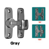 Loquet de porte à charnière en alliage de zinc gris montré sous angles de 90 et 180 degrés.