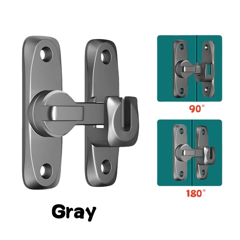 Loquet de porte à charnière en alliage de zinc gris montré sous angles de 90 et 180 degrés.