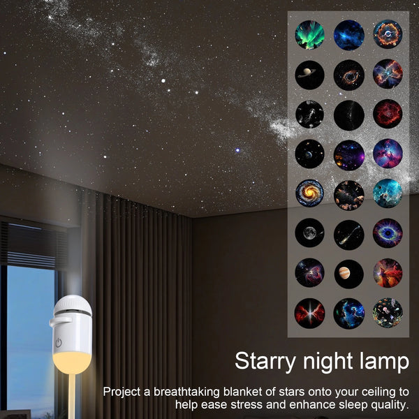 A starry night lamp projecting a blanket of stars onto a ceiling, used to ease stress and enhance sleep quality.