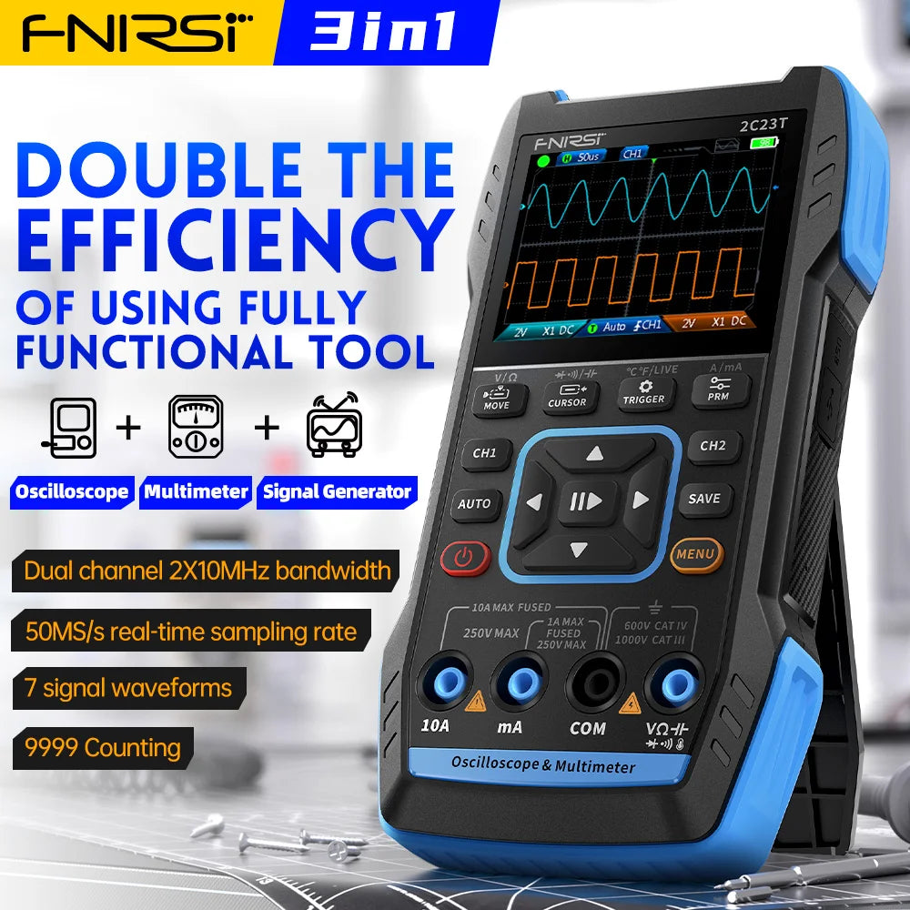 أداة رقمية سوداء من نوع FNI RSI 3 في 1 تحتوي على راسم إشارة، ومقياس متعدد، ومولد إشارات.