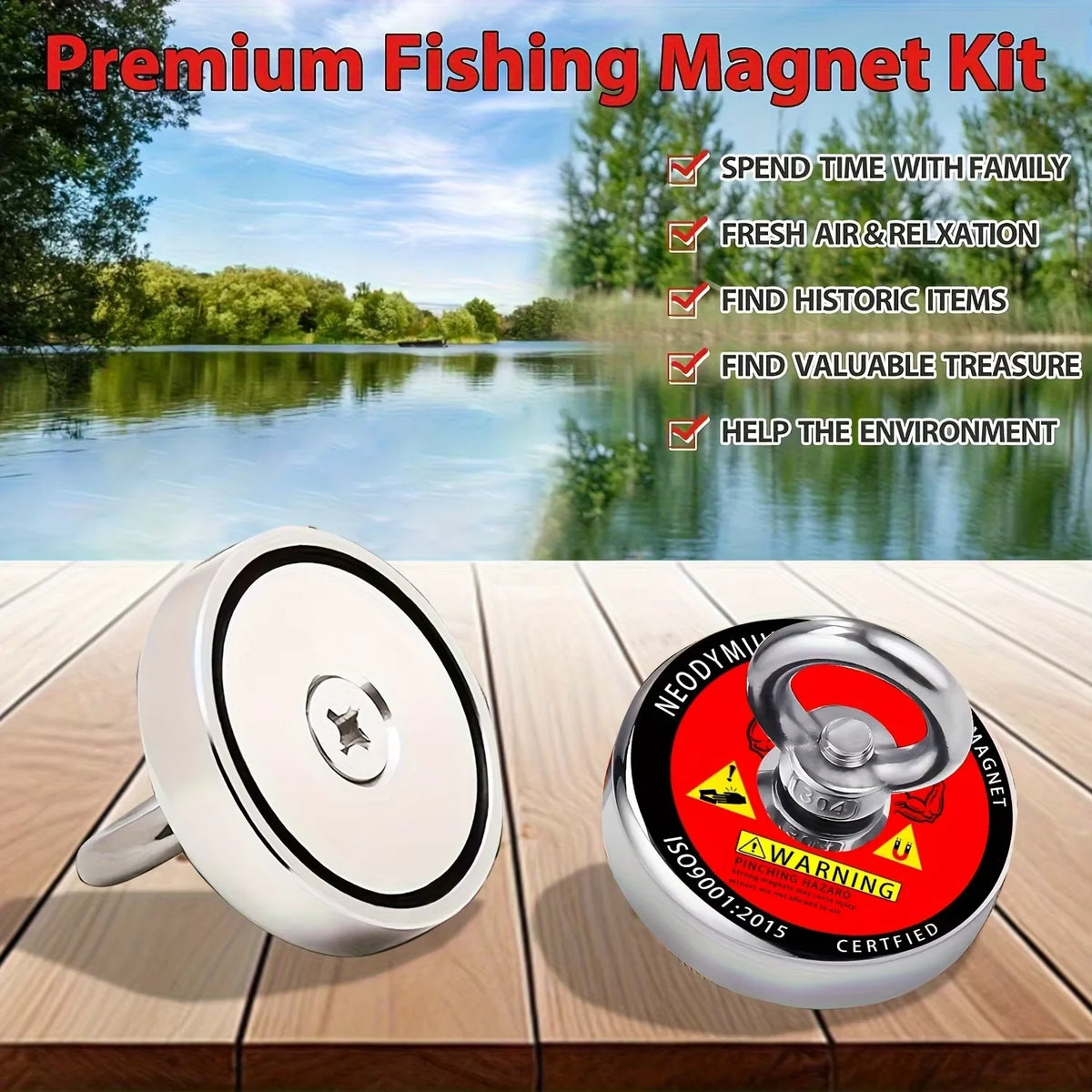 A silver fishing magnet kit with a round magnetic disc and a circular magnet on a wooden surface near water.