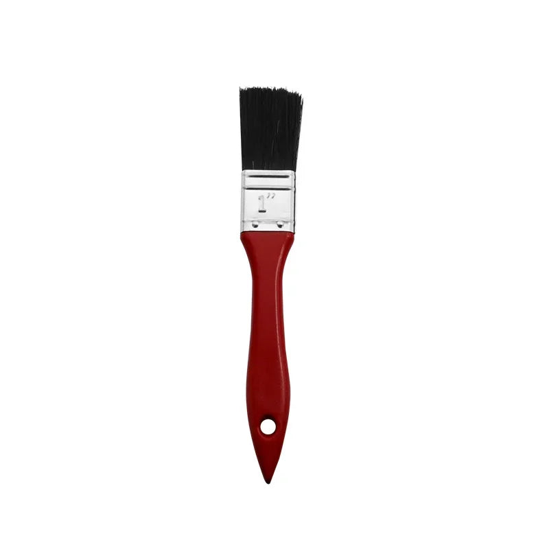A red paint brush with a black bristles and silver ferrule.