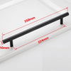 A black stainless steel T-bar cabinet handle with dimensions marked on a white surface.