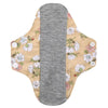 Reusable absorbent sanitary cloth pads featuring a beige background with a floral pattern and a gray absorbent core.
